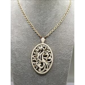 Vintage Monet Peacock Pendant Necklace Cream Enamel & Gold Tone 26" Chain RARE